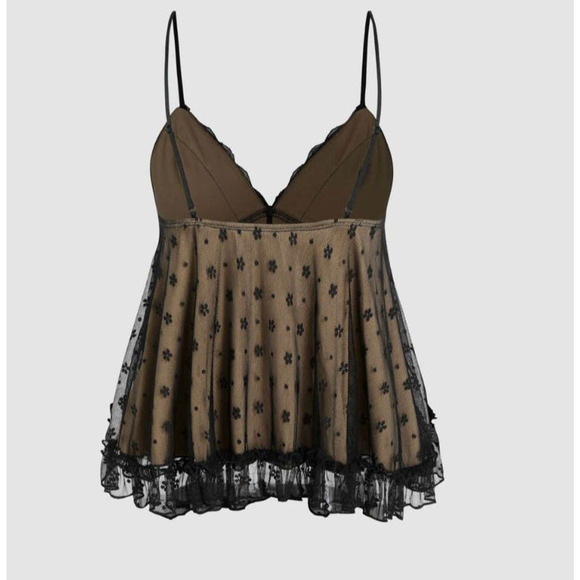NWT Sexy Floral Lace VNeck Ruffle Cami Stretch Top Adjustable Straps L Black Tan - Picture 4 of 13